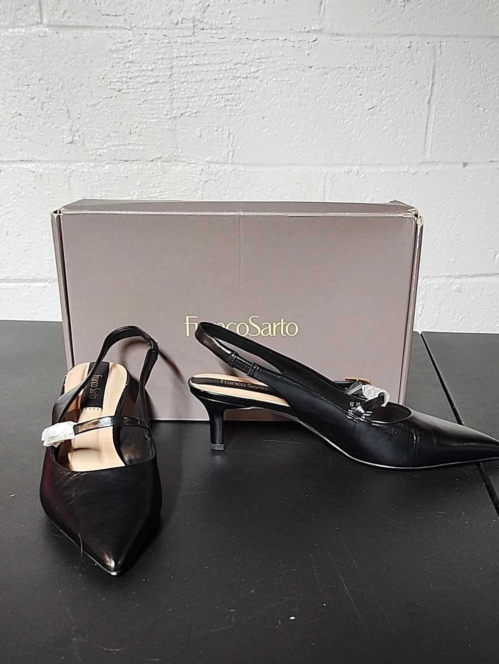 Franco Sarto Khloe  Black Leather Slingback Pointed-Toe Kitten Heels